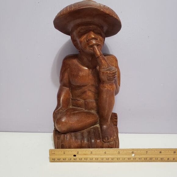 Wooden Folklore Hand Carved Asian Man Hat Pipe 11" Tall Home Decor - Picture 8 of 10